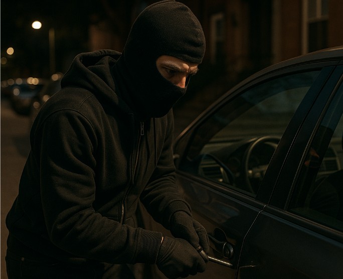 A masked car thief in black clothing attempts to break into a parked car on a dimly lit urban street at night, using a tool to force open the driver's door.