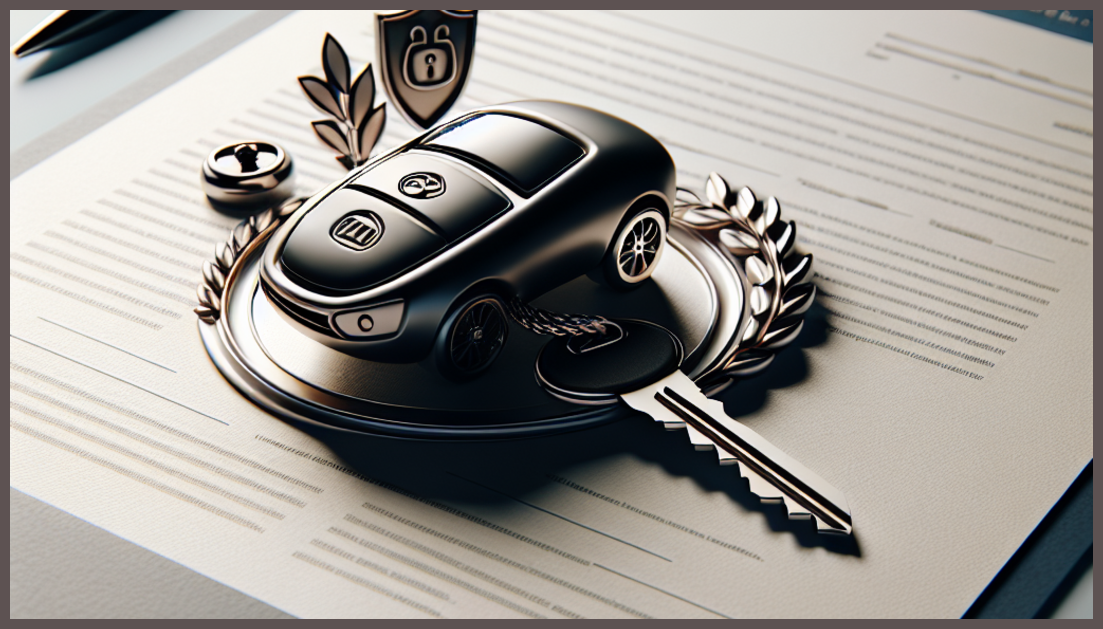 A car key on an insurance document surrounded by secure symbols.