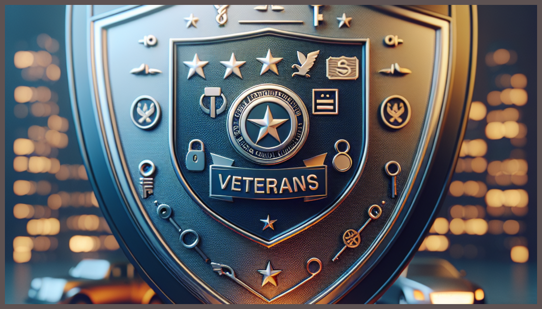 A shield symbolizing insurance overlaid with veterans' insignia.