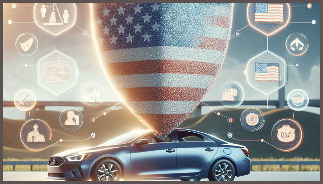 A car surrounded by symbols of trust and security in insurance.
