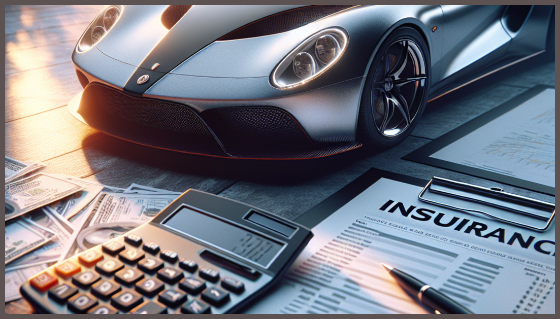 A sports car and insurance documents on a desk.