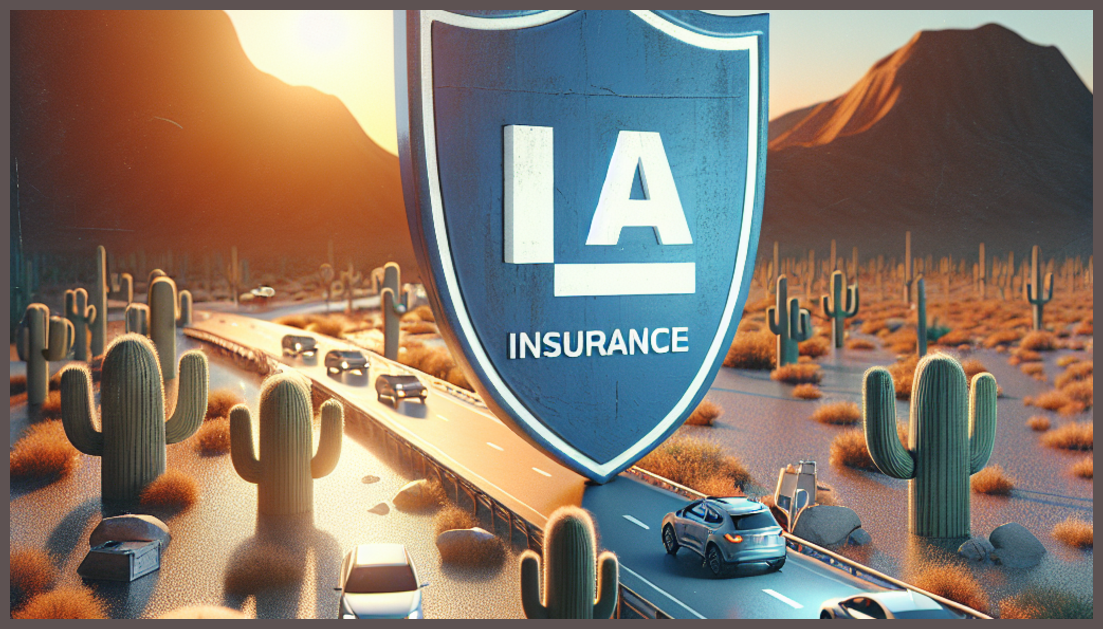 A serene Arizona landscape with a car insurance symbol.